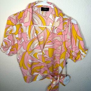 Yellow Pink And White Cropped Blouse. Brand New, Never Worn Ruched Top.
